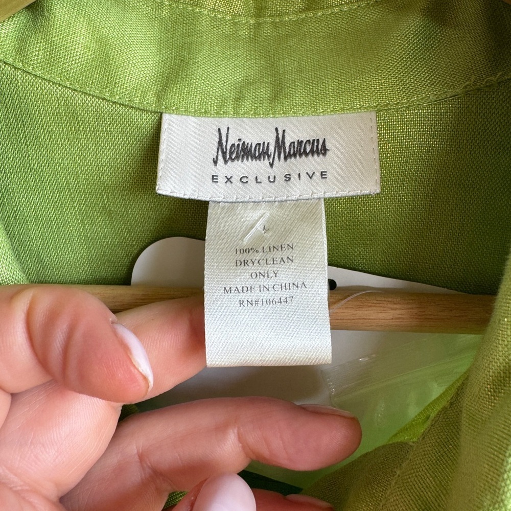 Neiman Marcus Exclusive Size L 100% Linen Green Shimmer Tunic Shirt NWOT - Picture 6 of 13